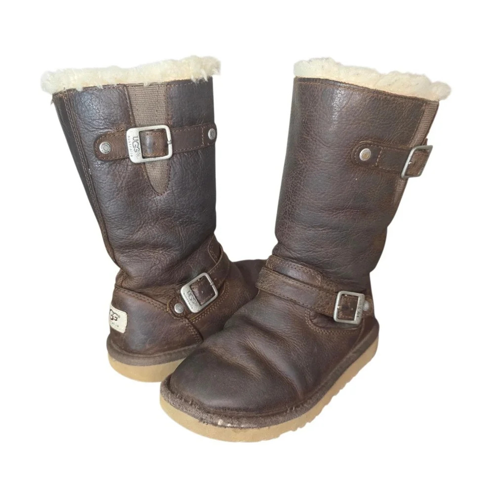 UGG Kensington Girls 1 Brown Leather Sheepskin Sherpa Shearling Lined Snow Boots